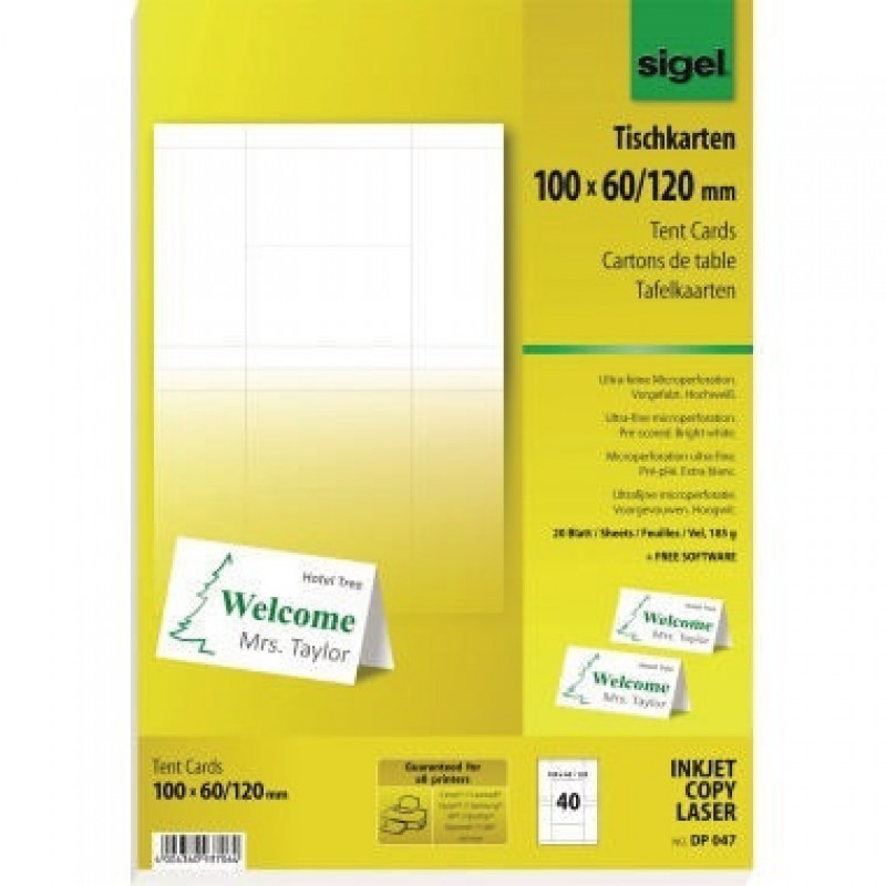 Sigel Tischkarte DP047 100x60cm 185g hochweiß 40 St./Pack. Sigel Tischkarte DP047 100x60cm 185g hochweiß 40 St./Pack.
