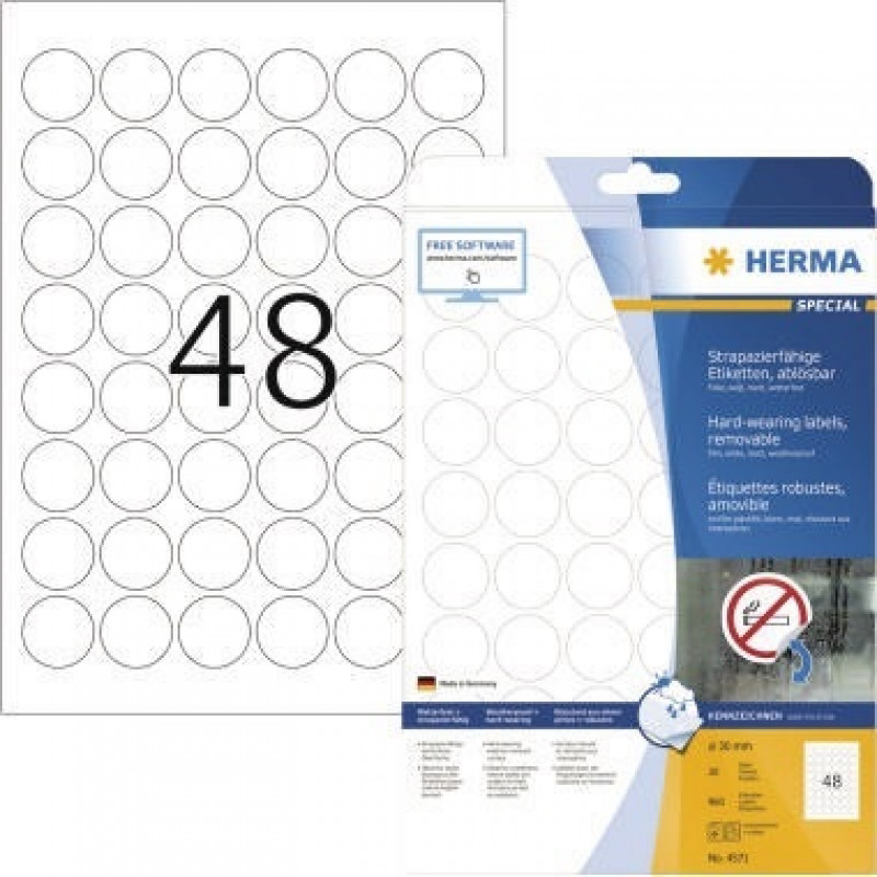 HERMA Folienetikett 4571 rund 30mm weiß 960 St./Pack. HERMA Folienetikett 4571 rund 30mm weiß 960 St./Pack.