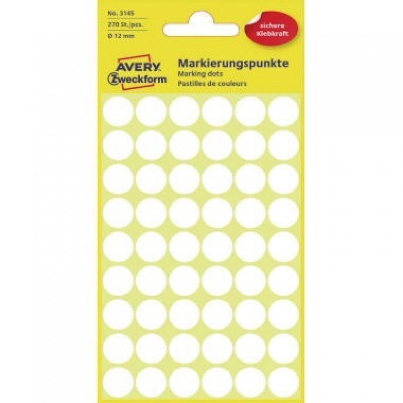 Avery Zweckform Markierungspunkt 3145 12mm weiß 270 St /Pack. Avery Zweckform Markierungspunkt 3145 12mm weiß 270 St /Pack.