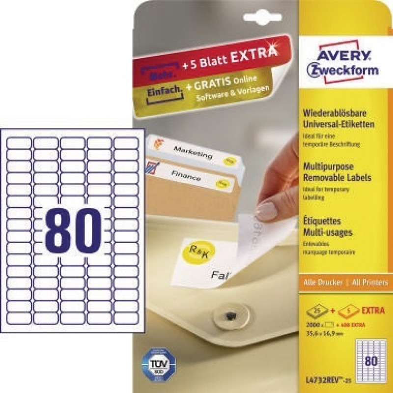 Avery Zweckform Etikett L4732REV-25 35,6x16,9mm weiß 2.000 St./Pack. Avery Zweckform Etikett L4732REV-25 35,6x16,9mm weiß 2.000 St./Pack.