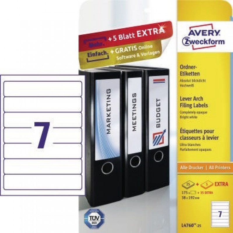 Avery Zweckform Ordneretikett L4760-25 38x192mm ws 175 St./Pack. Avery Zweckform Ordneretikett L4760-25 38x192mm ws 175 St./Pack.