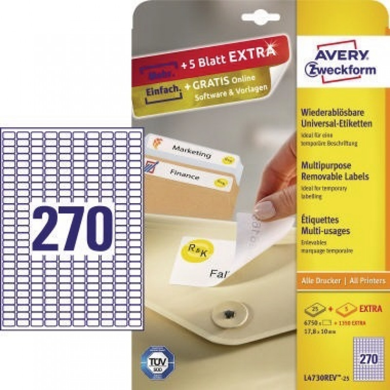 Avery Zweckform Etikett L4730REV-25 17,8x10mm weiß 6.750 St./Pack. Avery Zweckform Etikett L4730REV-25 17,8x10mm weiß 6.750 St./Pack.