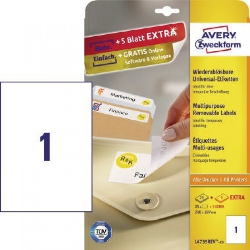 Avery Zweckform Etikett L4735REV-25 210x297mm weiß 25 St./Pack. Avery Zweckform Etikett L4735REV-25 210x297mm weiß 25 St./Pack.