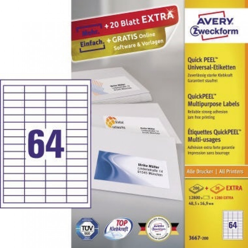 Avery Zweckform Etikett 3667-200 48,5x16,9mm weiß 12.800 St./Pack. Avery Zweckform Etikett 3667-200 48,5x16,9mm weiß 12.800 St./Pack.