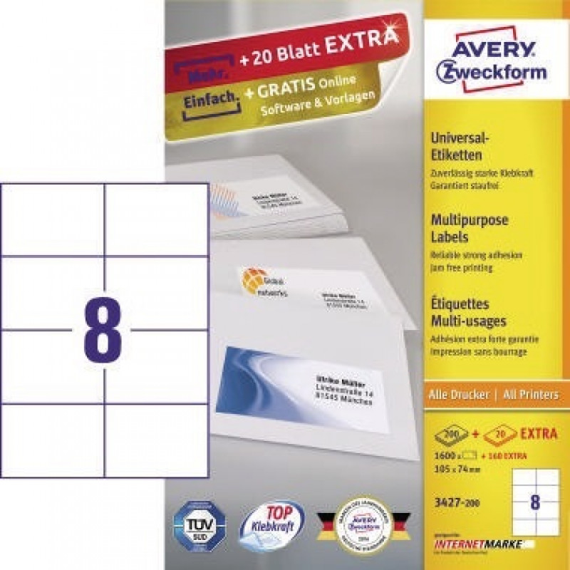 Avery Zweckform Etikett 3427-200 105x74mm weiß 1.600 St./Pack. Avery Zweckform Etikett 3427-200 105x74mm weiß 1.600 St./Pack.