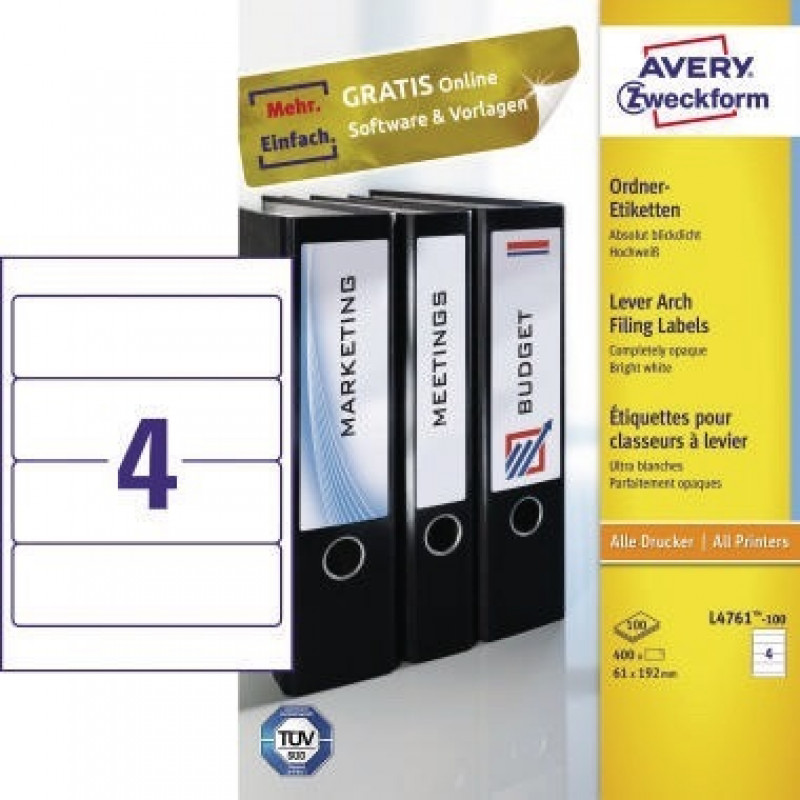 Avery Zweckform Ordneretikett L4761-100 61x192mm ws 400 St./Pack. Avery Zweckform Ordneretikett L4761-100 61x192mm ws 400 St./Pack.