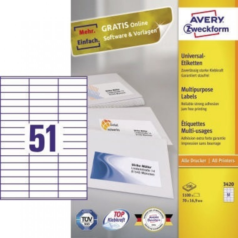 Avery Zweckform Universaletikett 3420 70x16,9mm weiß 5.100 St./Pack. Avery Zweckform Universaletikett 3420 70x16,9mm weiß 5.100 St./Pack.