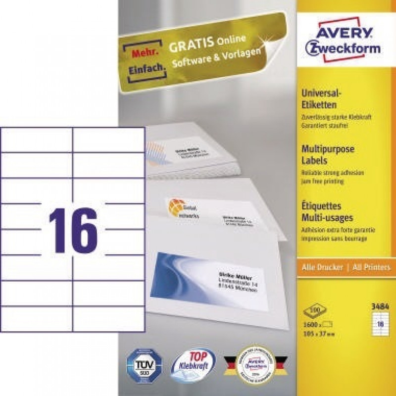 Avery Zweckform Universaletikett 3484 105x37mm weiß 1.600 St./Pack. Avery Zweckform Universaletikett 3484 105x37mm weiß 1.600 St./Pack.