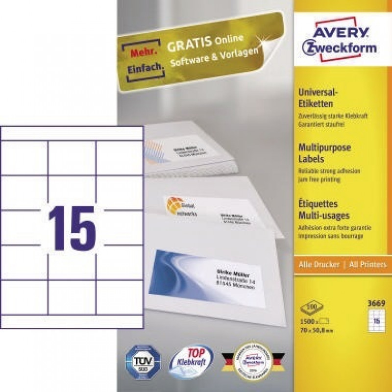 Avery Zweckform Universaletikett 3669 70x50,8mm weiß 1.500 St./Pack. Avery Zweckform Universaletikett 3669 70x50,8mm weiß 1.500 St./Pack.