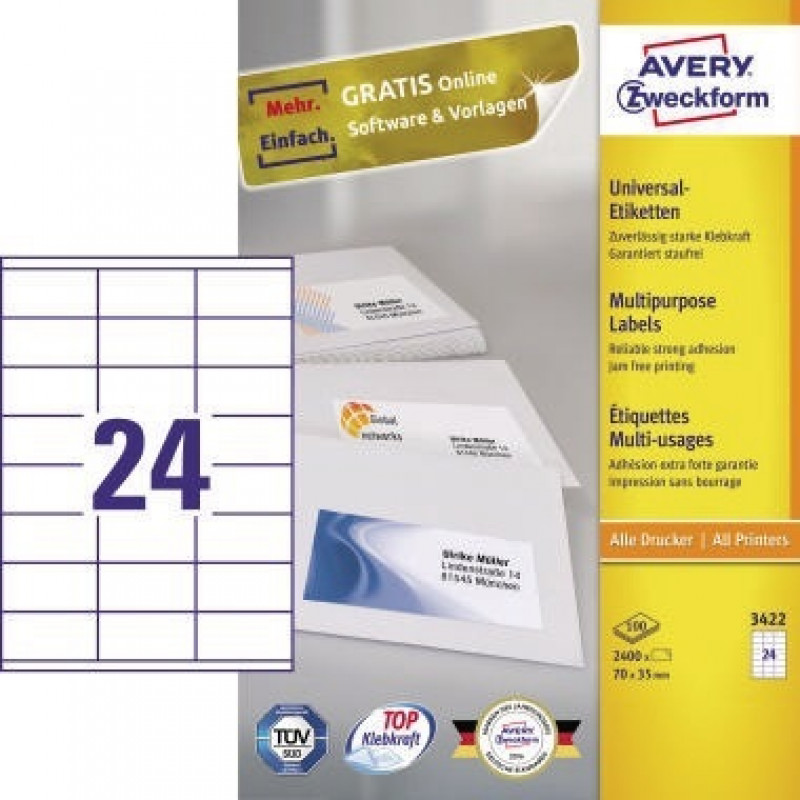 Avery Zweckform Universaletikett 3422 70x35mm weiß 2.400 St./Pack. Avery Zweckform Universaletikett 3422 70x35mm weiß 2.400 St./Pack.
