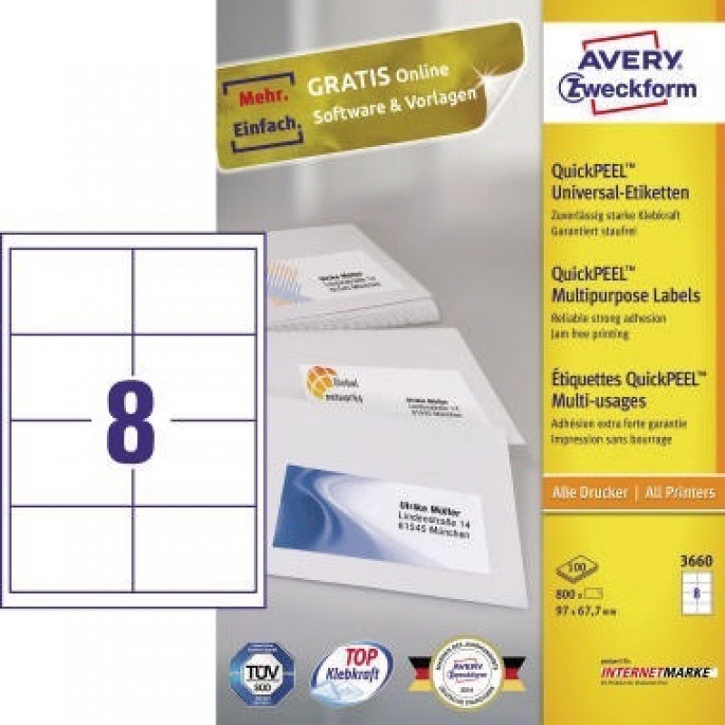 Avery Zweckform Universaletikett 3660 97x67,7mm weiß 800 St./Pack. Avery Zweckform Universaletikett 3660 97x67,7mm weiß 800 St./Pack.