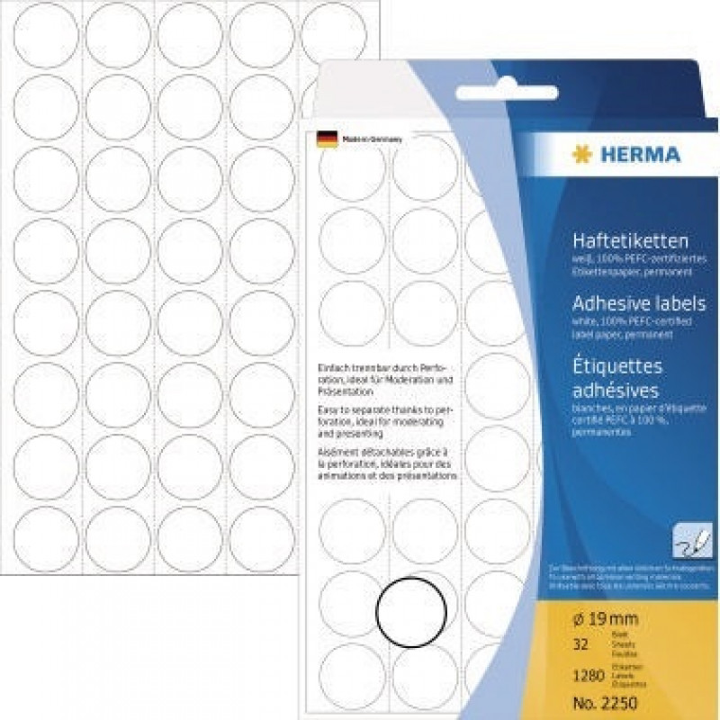 HERMA Markierungspunkt 2250 19mm Papier weiß 1.280 St./Pack. HERMA Markierungspunkt 2250 19mm Papier weiß 1.280 St./Pack.