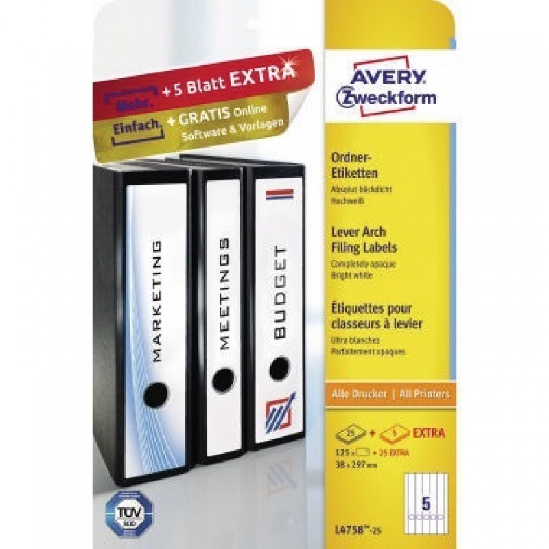 Avery Zweckform Ordneretikett L4758-25 38x297mm ws 125 St./Pack Avery Zweckform Ordneretikett L4758-25 38x297mm ws 125 St./Pack
