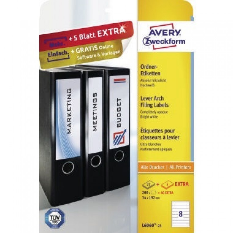 Avery Zweckform Ordneretikett L6060-25 34x192mm ws 200 St./Pack. Avery Zweckform Ordneretikett L6060-25 34x192mm ws 200 St./Pack.