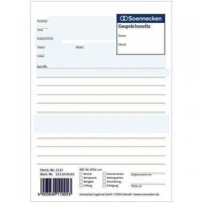 Soennecken Gesprächsnotiz 1115 DIN A5 50Blatt weiß Soennecken Gesprächsnotiz 1115 DIN A5 50Blatt weiß