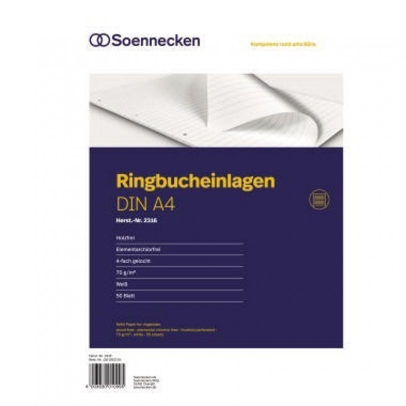 Soennecken Ringbucheinlage 2316 DIN A4 70g liniert 50 Bl./Pack. Soennecken Ringbucheinlage 2316 DIN A4 70g liniert 50 Bl./Pack.