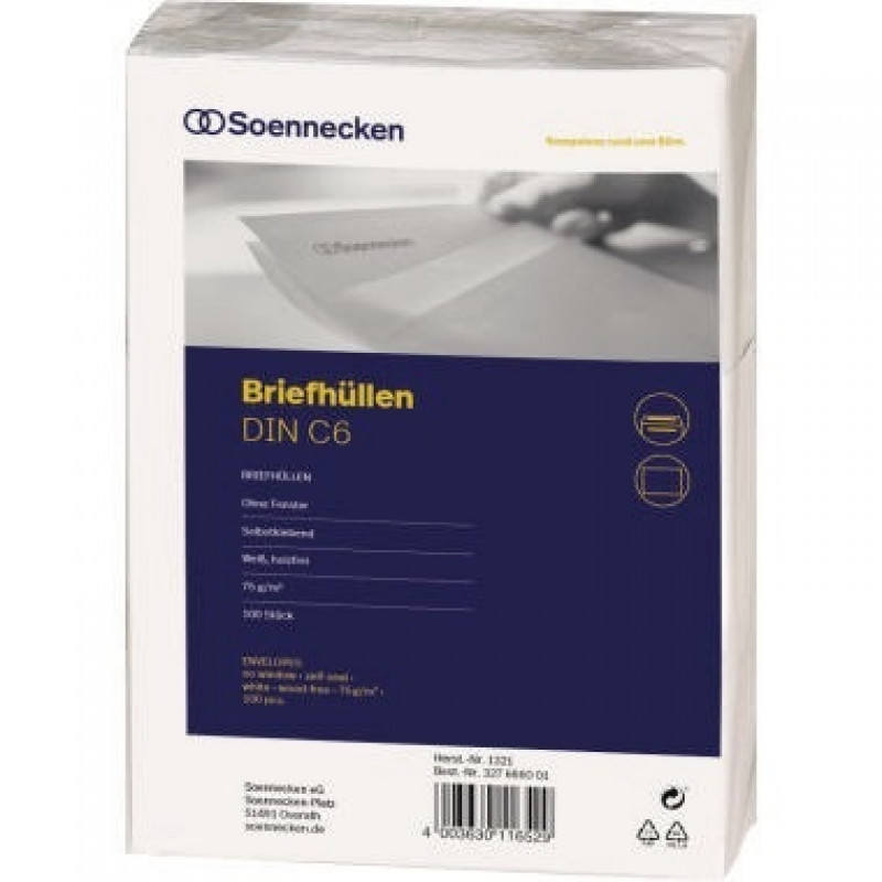 Soennecken Briefhülle 1321 C6 75g oF sk hf weiß 100 St./Pack. Soennecken Briefhülle 1321 C6 75g oF sk hf weiß 100 St./Pack.