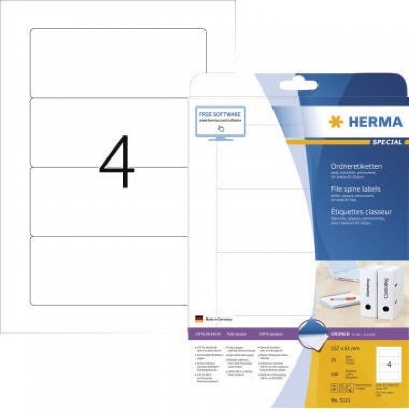 HERMA Ordneretiketten 5121 DIN A4 157x61mm weiß 100 St./Pack HERMA Ordneretiketten 5121 DIN A4 157x61mm weiß 100 St./Pack