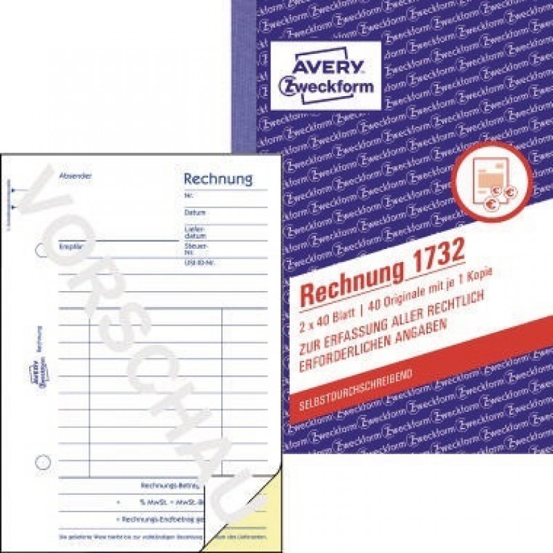 Avery Zweckform Rechnung 1732 DIN A6 2x40Blatt Avery Zweckform Rechnung 1732 DIN A6 2x40Blatt