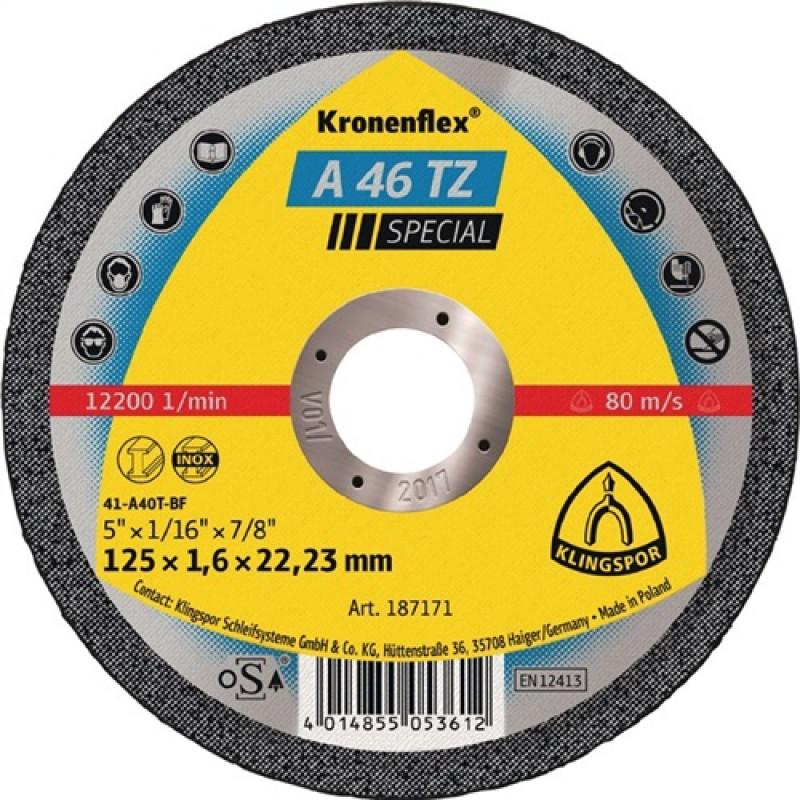Trennscheibe A 46 TZ Special D125x1,6mm ger.INOX Bohrung 22,23mm KLINGSPOR Trennscheibe A 46 TZ Special D125x1,6mm ger.INOX Bohrung 22,23mm KLINGSPOR