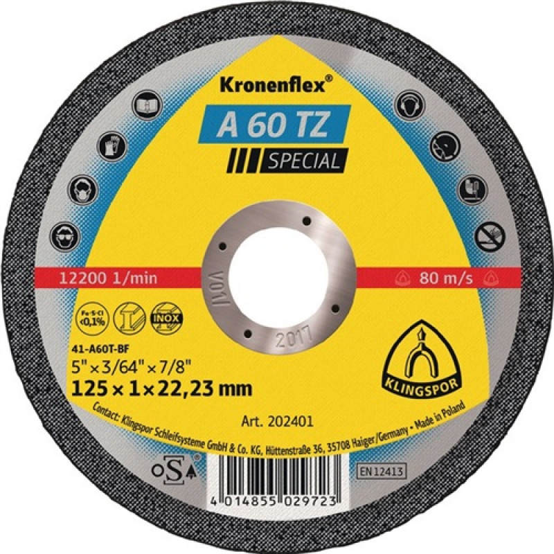 Trennscheibe A 60 TZ Special D125x1mm ger.INOX Bohrung 22,23mm KLINGSPOR Trennscheibe A 60 TZ Special D125x1mm ger.INOX Bohrung 22,23mm KLINGSPOR