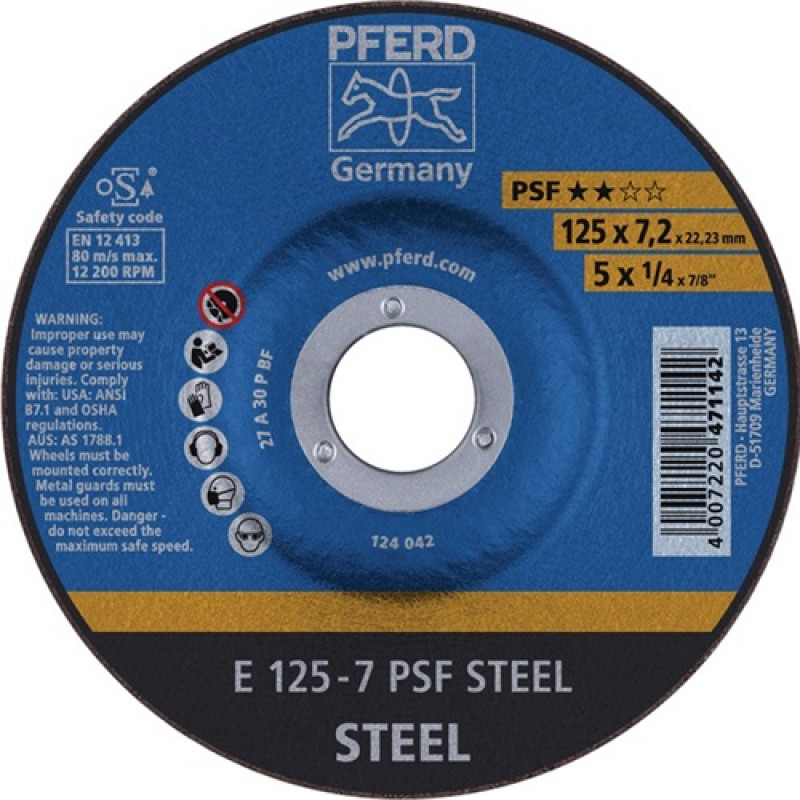 Schruppscheibe PSF STEEL D125xS7,2mm gekr.STA Bohrung 22,23mm PFERD Schruppscheibe PSF STEEL D125xS7,2mm gekr.STA Bohrung 22,23mm PFERD
