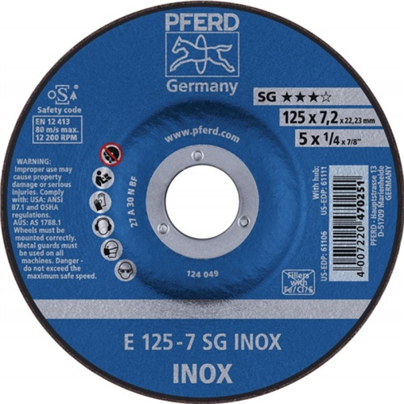 Schruppscheibe SG INOX D115xS7,2mm gekr.INOX Bohr.22,23mm PFERD Schruppscheibe SG INOX D115xS7,2mm gekr.INOX Bohr.22,23mm PFERD
