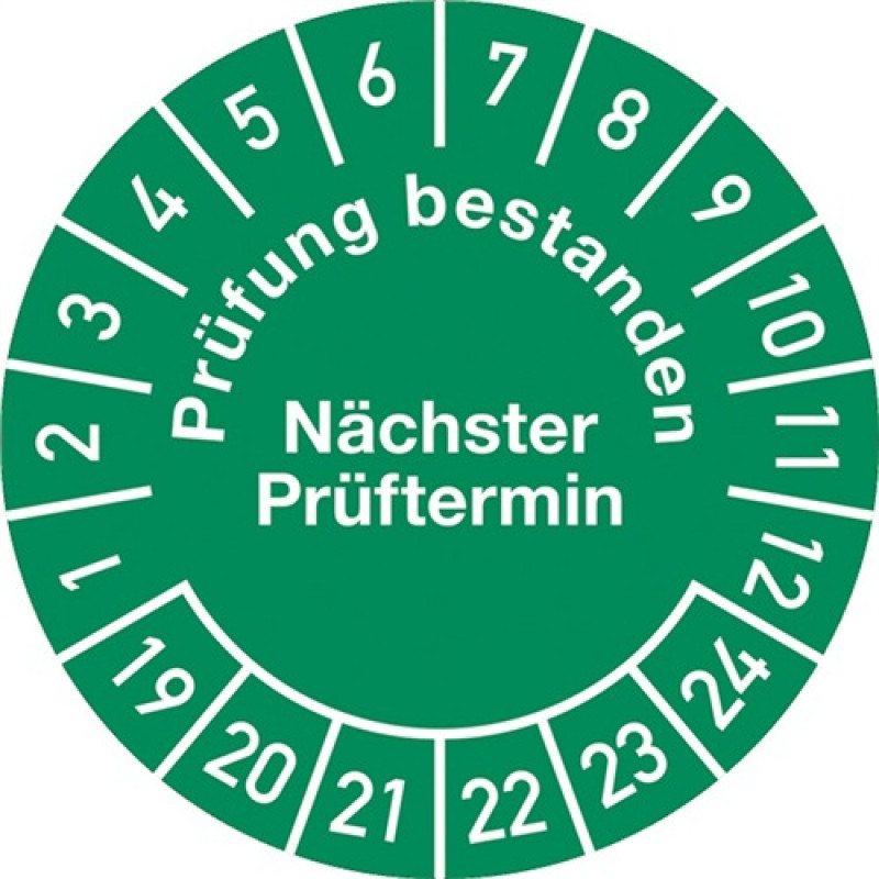 Mehrjahresprüfplakette D.30 mmBxL Prüfung bestanden 19-24 Folie Btl.a 100 St. Mehrjahresprüfplakette D.30 mmBxL Prüfung bestanden 19-24 Folie Btl.a 100 St.
