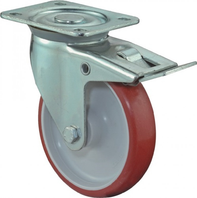Lenkrolle D.80mm Trgf.125 kg m.Feststeller PU Platte L104xB80mm Farbe Rl.rot Lenkrolle D.80mm Trgf.125 kg m.Feststeller PU Platte L104xB80mm Farbe Rl.rot