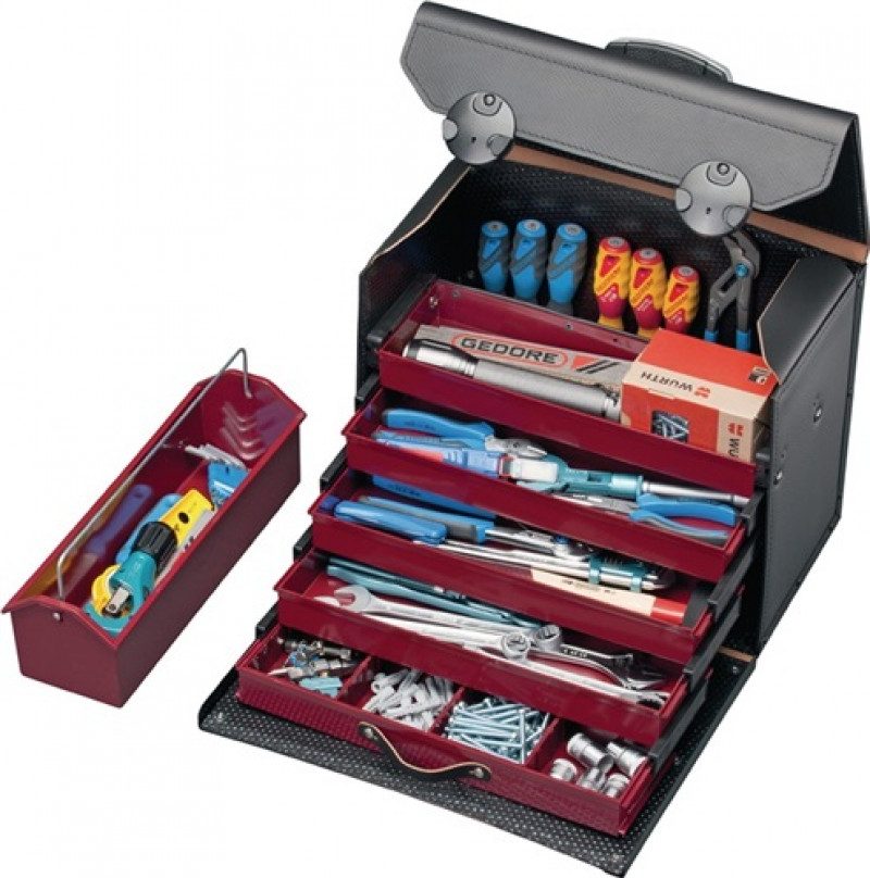 Werkzeugtasche B.410xT.220xH.310mm 28l Leder abschließb. 5-tlg.Schubladeneins. Werkzeugtasche B.410xT.220xH.310mm 28l Leder abschließb. 5-tlg.Schubladeneins.