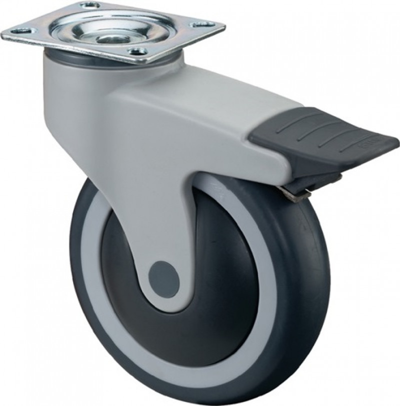 Kunststoffrolle m.Feststeller D.125mm Trgf.100kg m.Platte Kugell.Gum.grau