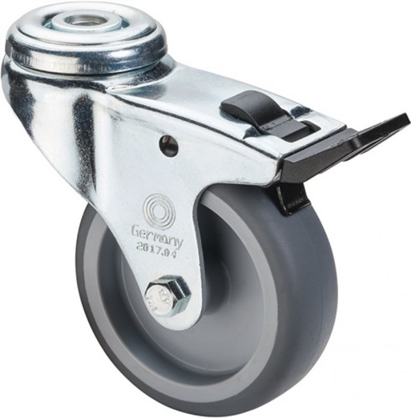 Lenkrolle m.Feststeller D.75mm Trgf.60kg m.Rückenloch Gleitlager Gum. Lenkrolle m.Feststeller D.75mm Trgf.60kg m.Rückenloch Gleitlager Gum.