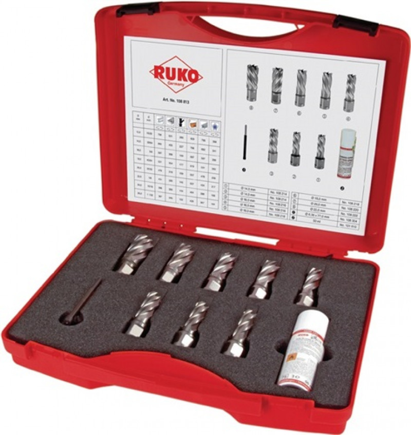 Kernbohrersatz 10tlg. D.14-22mm HSS L.30mm Weldon RUKO Kernbohrersatz 10tlg. D.14-22mm HSS L.30mm Weldon RUKO