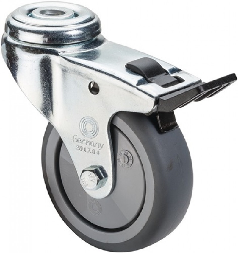 Lenkrolle m.Feststeller D.100mm Trgf.70kg m.Rückenloch Kugell.Gum.grau