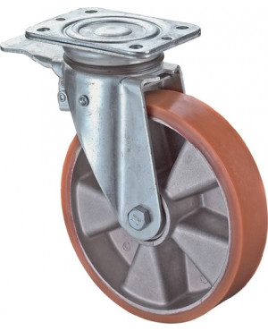 Lenkrolle m.Feststeller D.160mm Trgf.300kg m.Platte Kugell.Guß-PUR