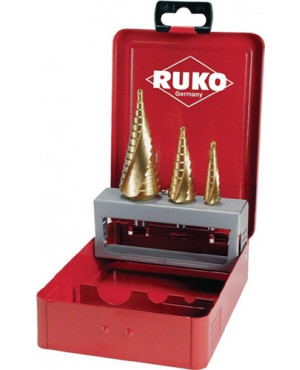 Stufenbohrersatz D.4-12/4-20/4-30mm HSS-TiN Spiralnut 3tlg.Metallkassette RUKO