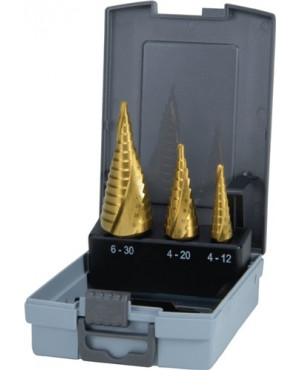 Mehrstufenbohrersatz D.4-12/4-20/4-30mm HSS-TiN Spiralnut 3tlg.Ku.-Kassette RUKO