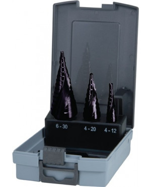 Stufenbohrersatz D.4-12/4-20/4-30mm HSS-TIALN Spiralnut 3tlg.Ku.-Kassette RUKO