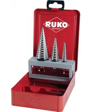 Stufenbohrersatz D.4-12/4-20/4-30mm HSS geradegenutet 3tlg.Metallkassette RUKO