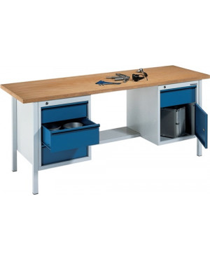 Werkbank BT495 B2000xT700xH840mm Buche lichtgrau blau Anz.Schubl.4 Anz.Türen1