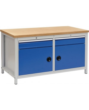 Werkbank grau/blau B1500xH859xT750mm Buche Multiplex 40mm 2Schubl.2Türen