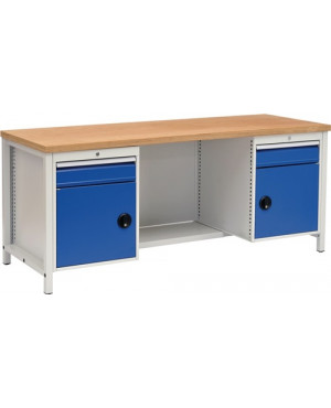 Werkbank grau/blau B2000xH859xT750mm Buche Multiplex 40mm 2 Schubl.2 Türen