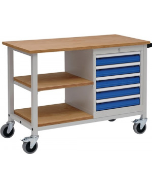 Werkbank B1200xT540xH859mm Buche Multiplex lichtgrau signalblau Anz.Schubl.5