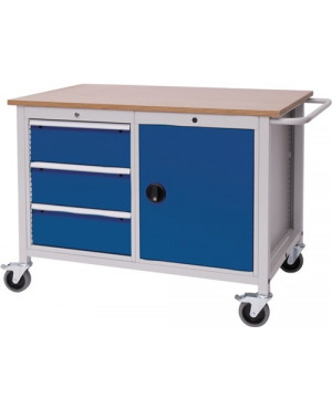 Werkbank B1250xT750xH935mm Buche Multiplex lichtgrau signalblau 3Schubl. 1Tür