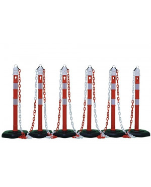 Sperrpfostenset PP rot/weiß m.Sechskantfuß D63xH1000mm 6 Pfosten u.5 Ketten